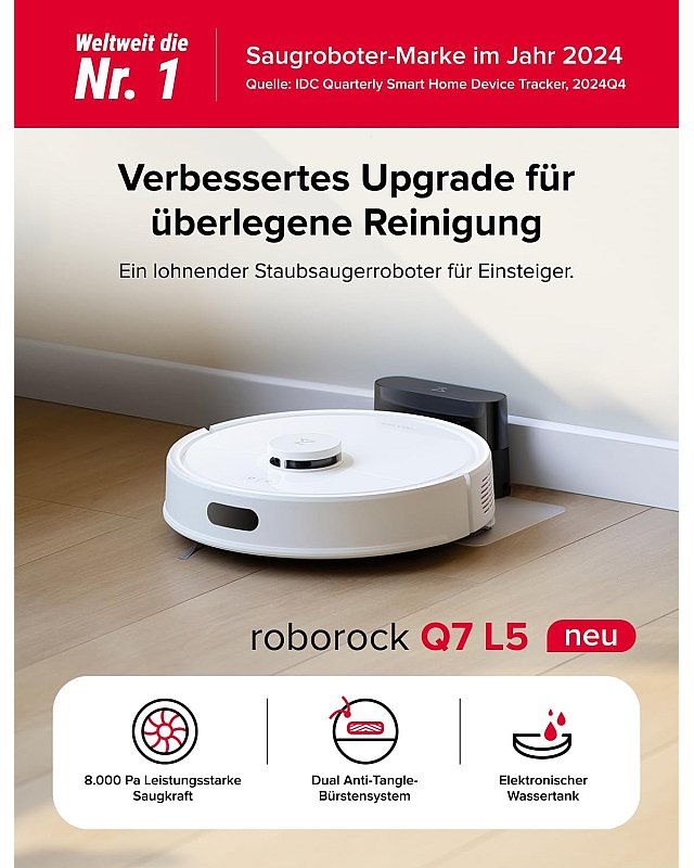 Roborock Q7 L5 Saug- und Wischroboter (Upgrade vom Q5 Pro) Weiß
